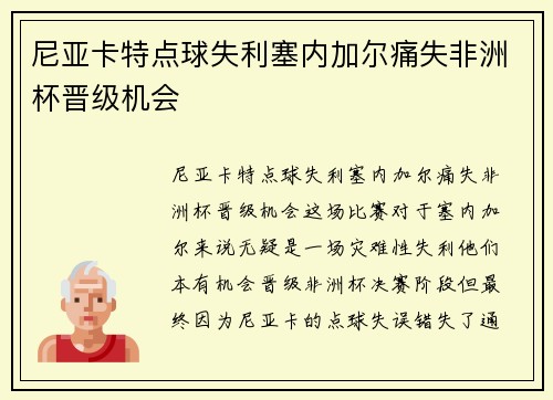 尼亚卡特点球失利塞内加尔痛失非洲杯晋级机会